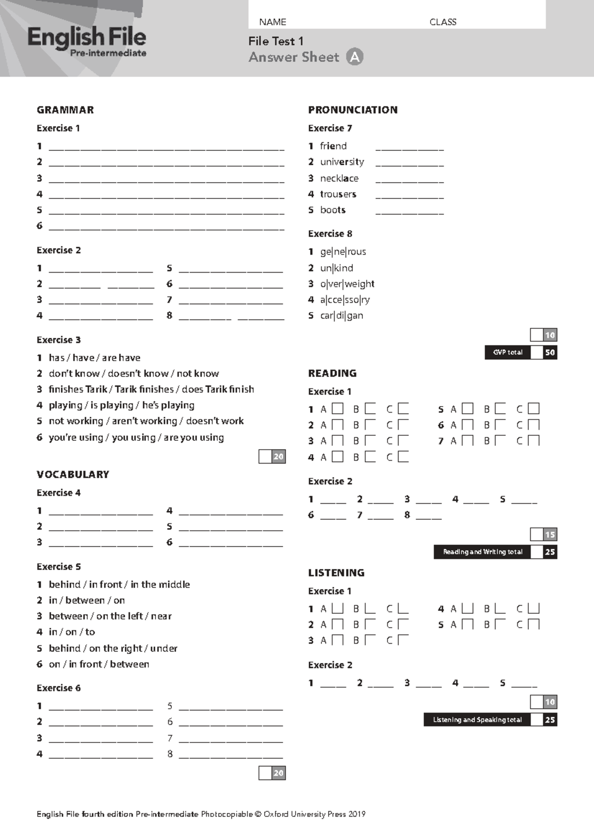 EF4e Pre-Int File Test 1A Answer Sheet: Grammar & Vocabulary - Studocu
