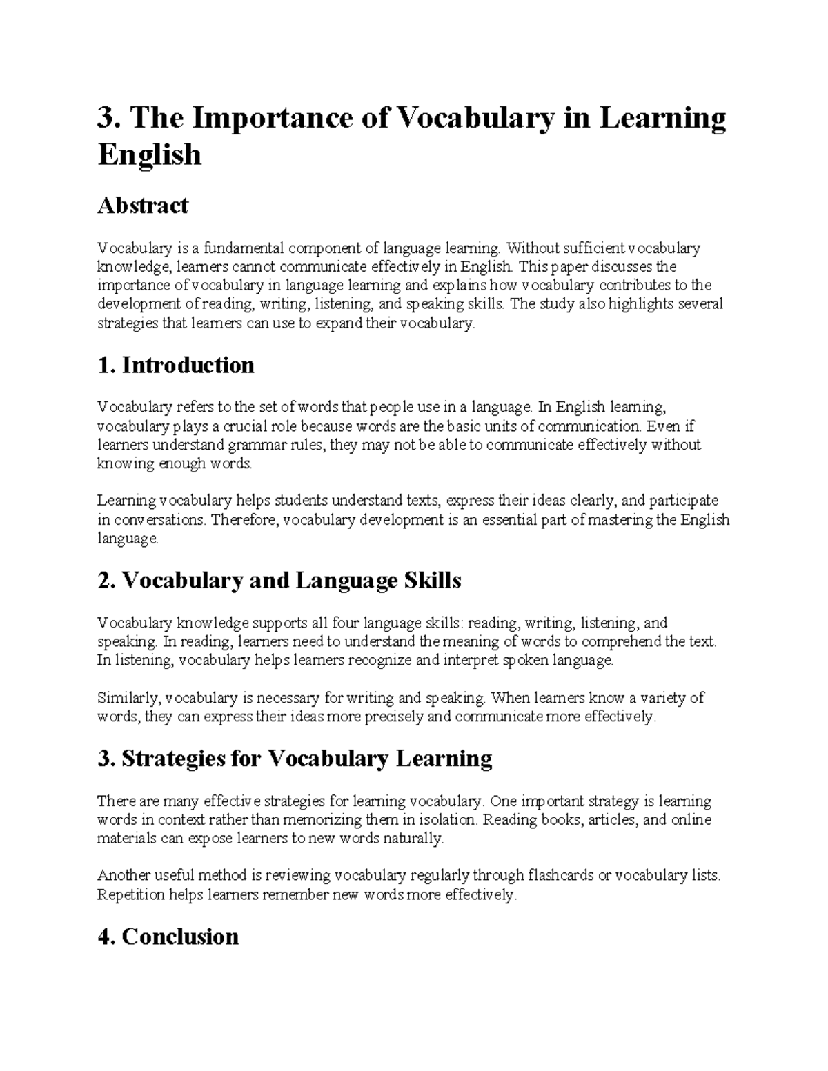 Research 3: The Role of Vocabulary in English Language Learning - Studocu
