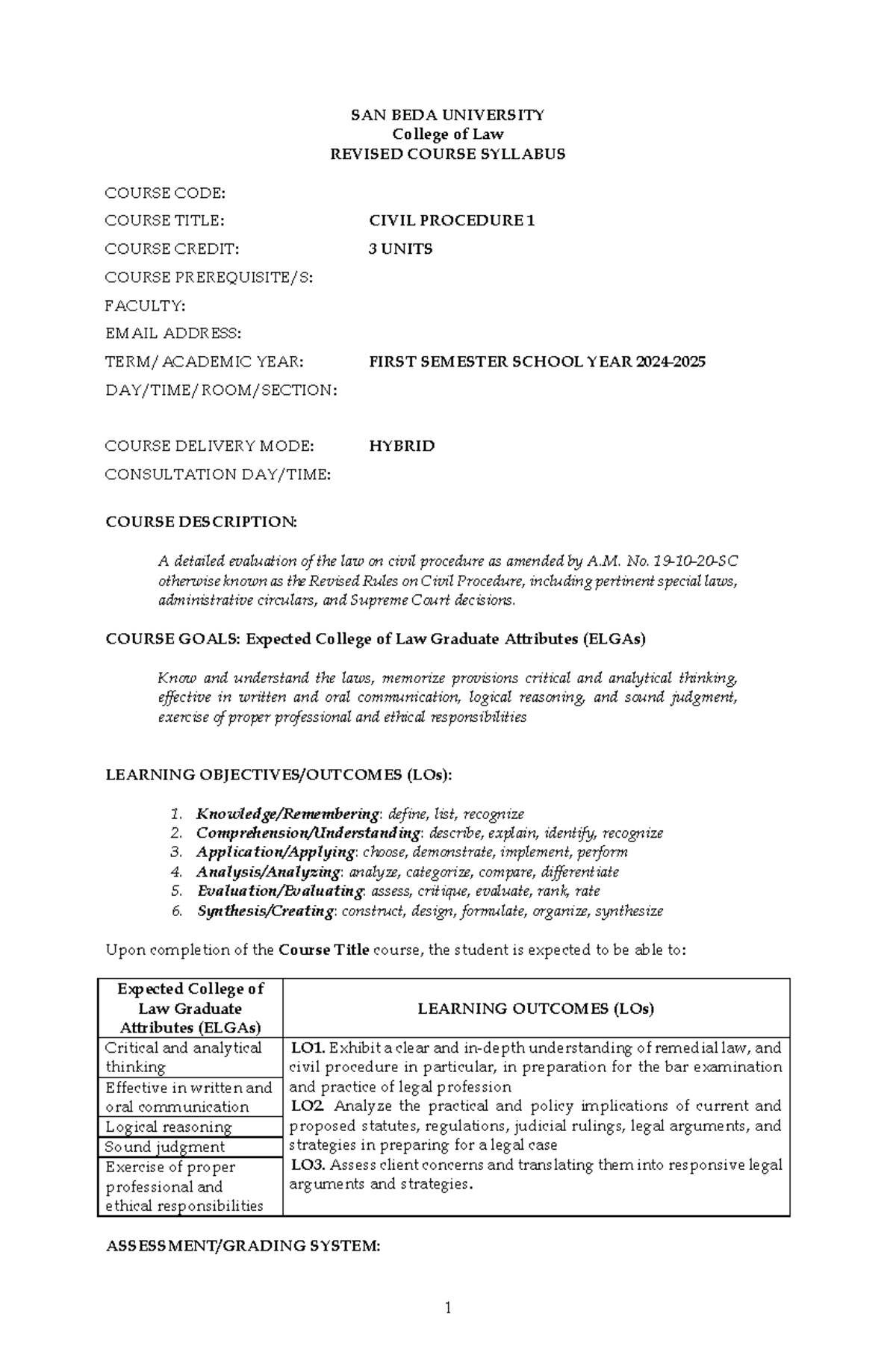 CIVIL PROCEDURE 1 SYLLABUS - SAN BEDA UNIVERSITY COLLEGE OF LAW - Studocu