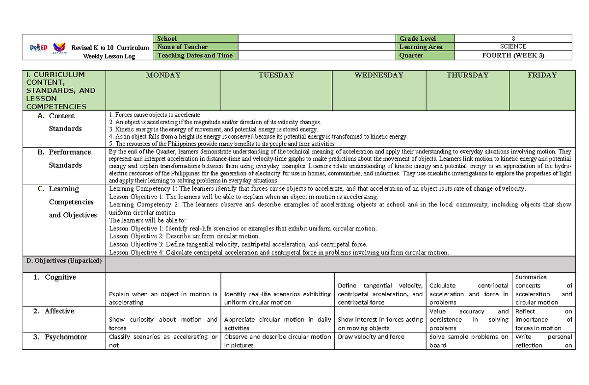 Revised DLL for SCI 8 Q4 Week 3: Forces & Circular Motion Lessons - Studocu