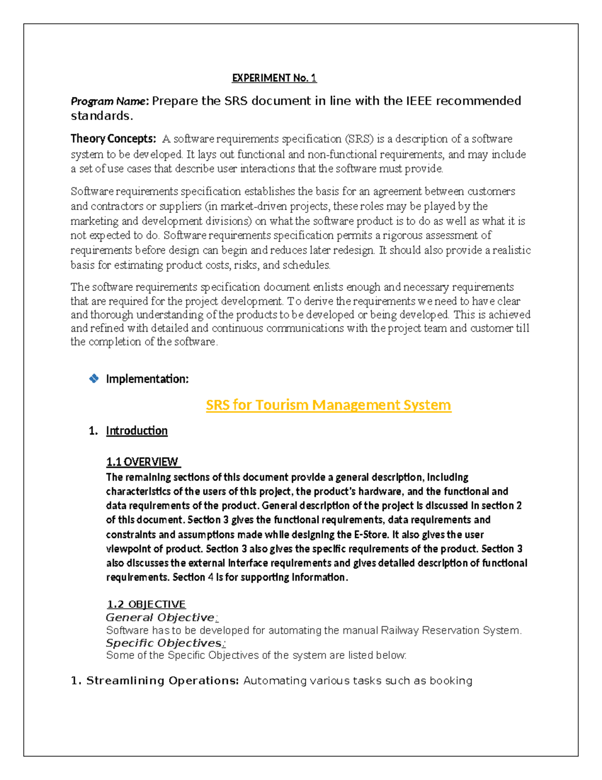 SRS Document for Tourism Management System - SE Lab Experiment 1 - Studocu