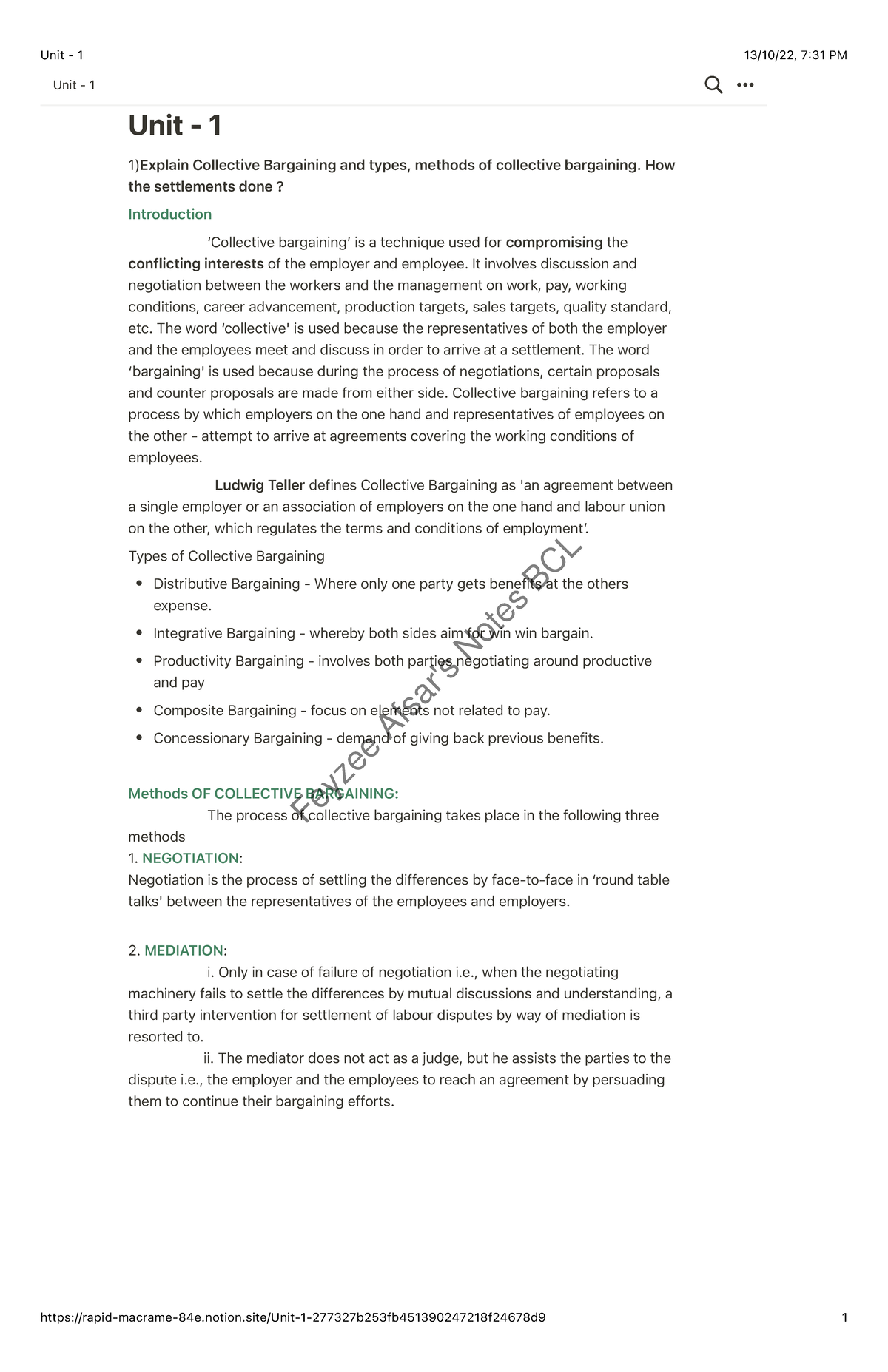 Labour Law 1 - Unit 1: Collective Bargaining & Trade Unions Overview ...