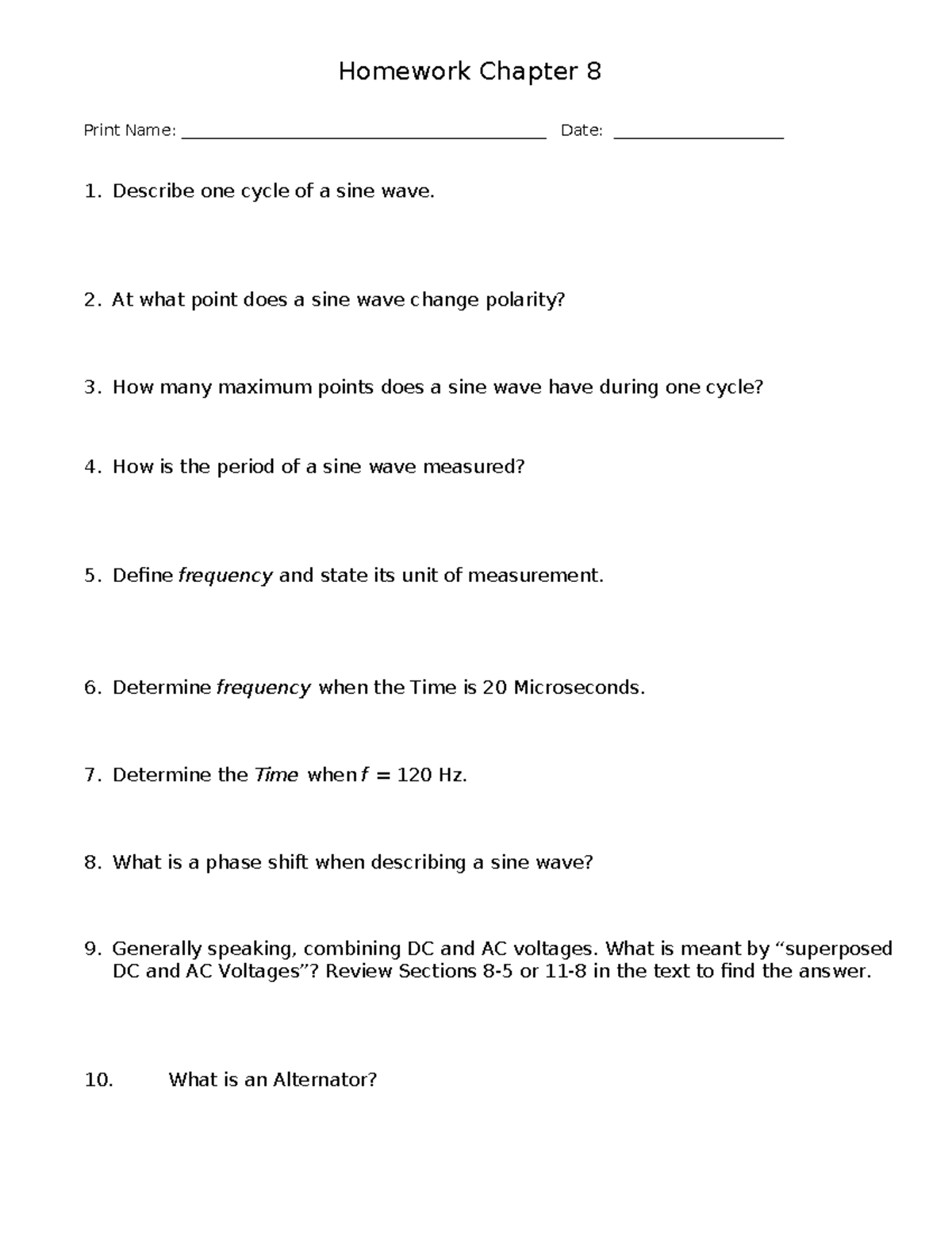 Homework on Sine Waves & Alternators - Chapter 8 - Studocu