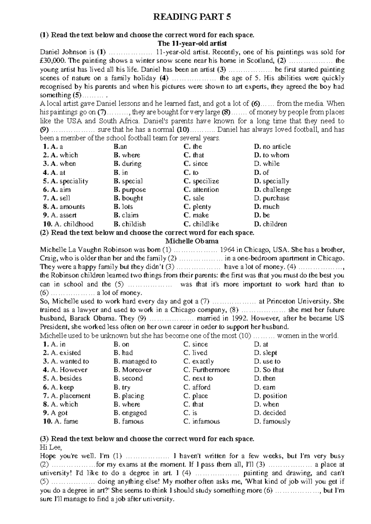 Reading Part 5 - English Language Exercises - Studocu