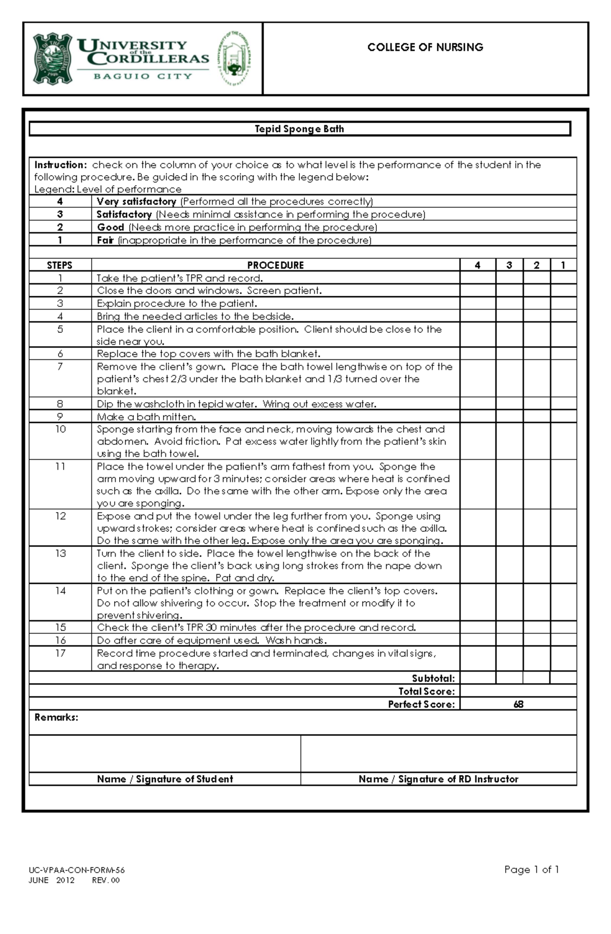COLLEGE OF NURSING Tepid Sponge Bath Performance Evaluation Guide - Studocu