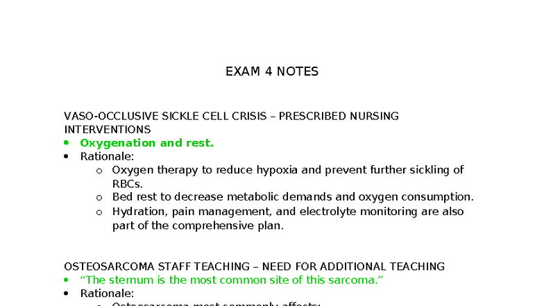 EXAM 4 NOTES: NURSING INTERVENTIONS FOR SICKLE CELL & OSTEOSARCOMA ...