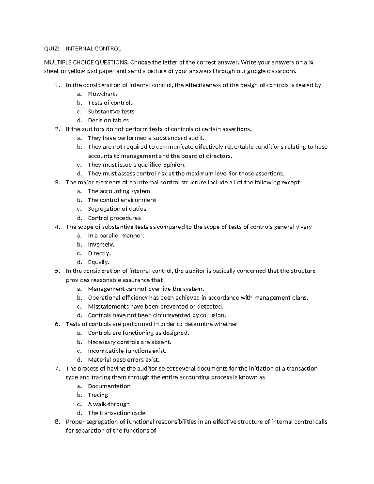 Chapter 6 Internal Control Quiz Answers NO Answers - Studocu