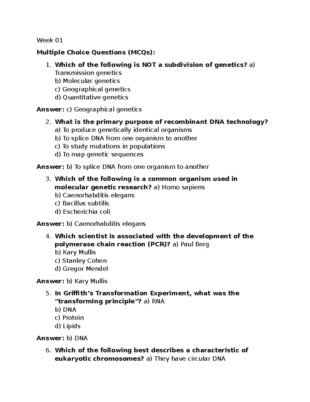 HMG 101: Week 01 MCQs and Key Concepts in Genetics - Studocu