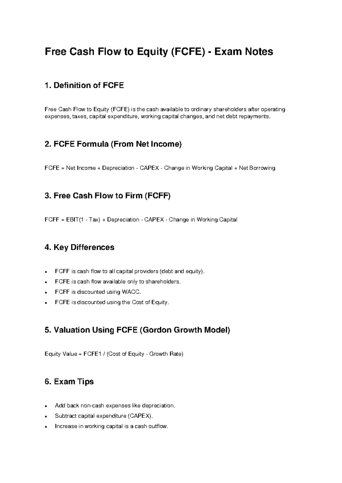 FCFE Exam Notes - Key Concepts and Valuation Tips - Studocu