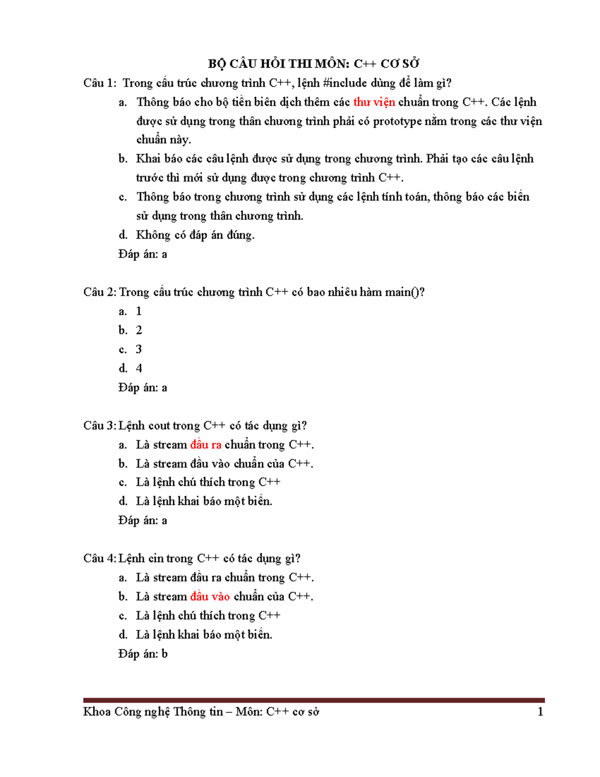 Câu Hỏi Thi C++ Cơ Sở - Bài Tập Giữa Kỳ (C++ 101) - Studocu