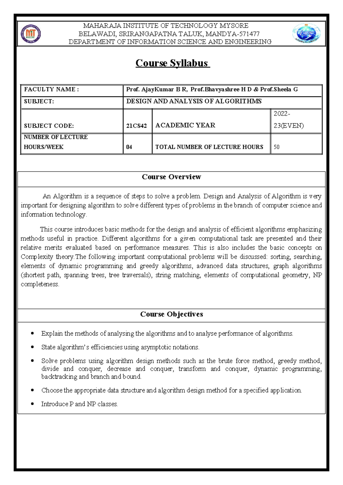 18CS42 - Design and Analysis of Algorithms: Course Overview & Lesson ...