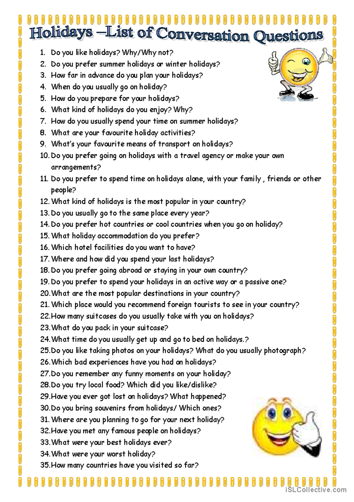 Holidays - Conversation Questions for Discussion - Studocu