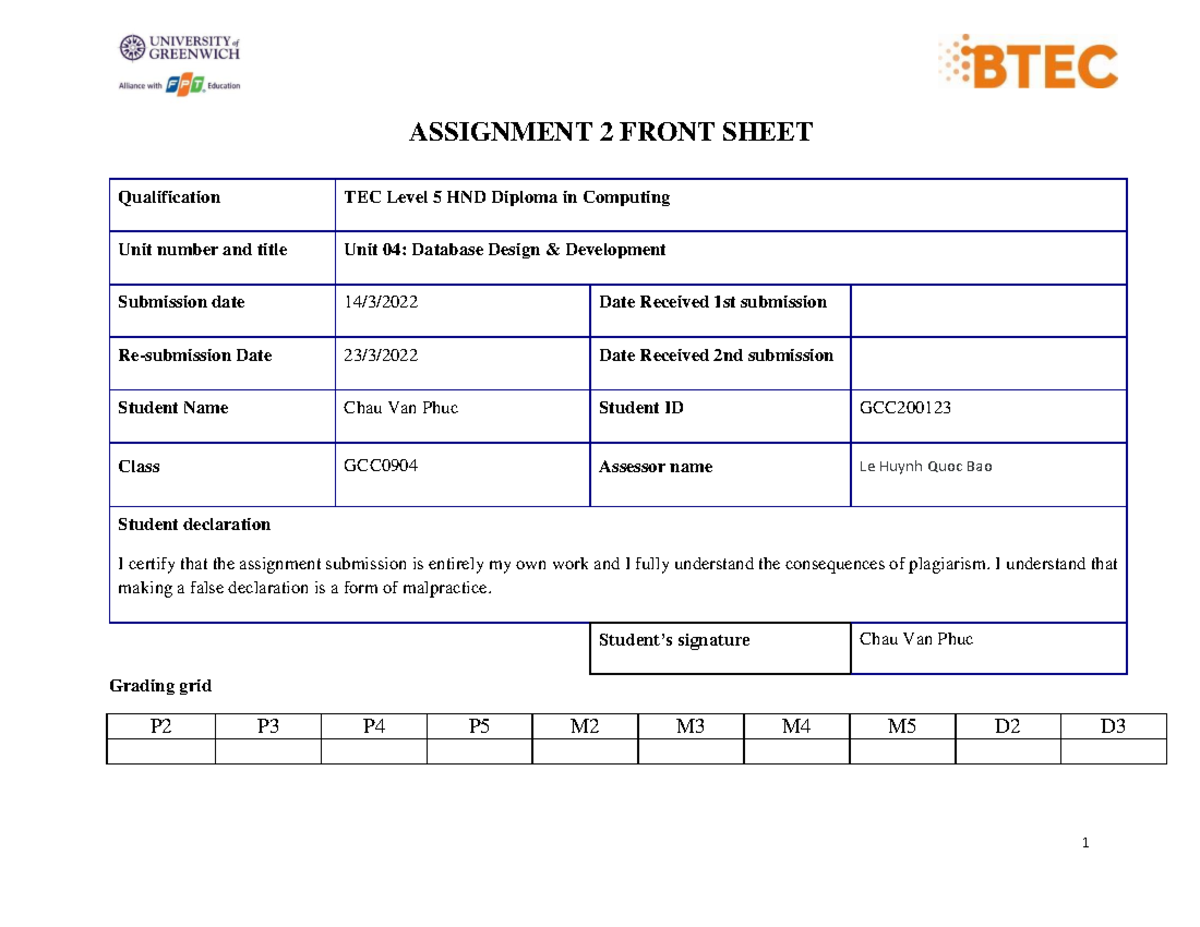 ASM2 1622 Database Design & Development - Part 5 Analysis and Testing ...
