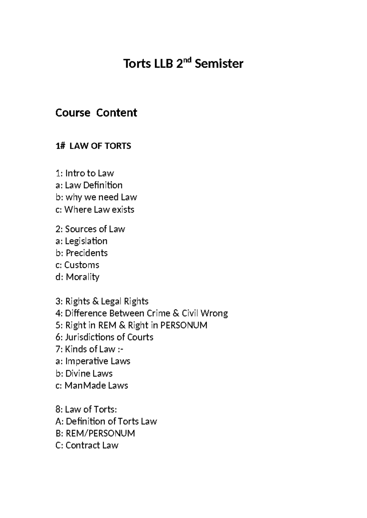 Torts LLB 2nd Semester Course Content Overview - Studocu