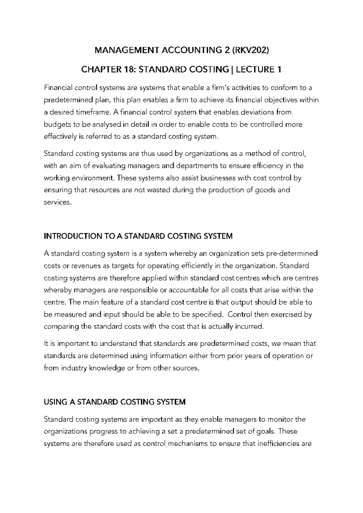 MANAGEMENT ACCOUNTING 2 (RKV202) CHAPTER 18: STANDARD COSTING LECTURE ...