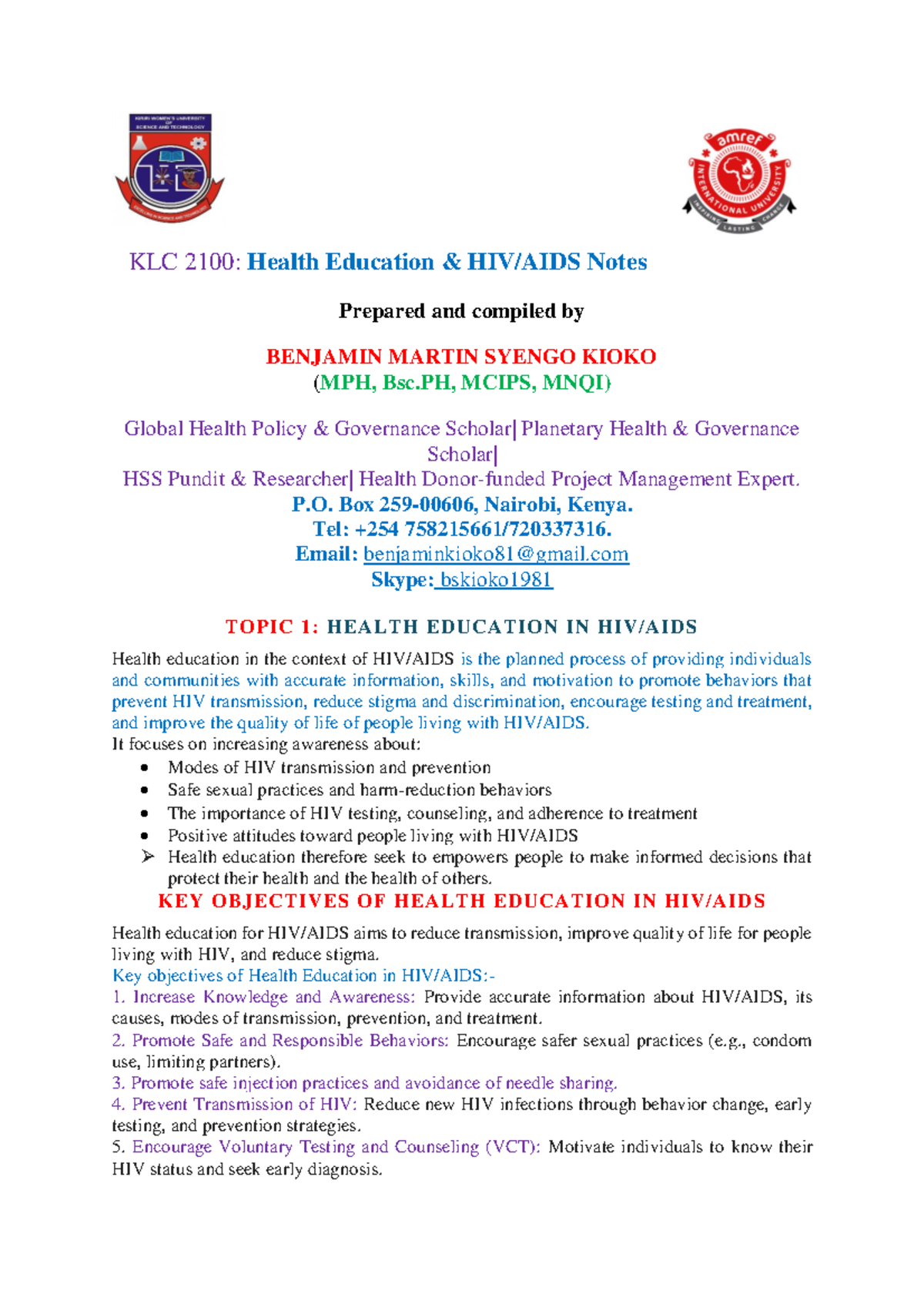 KLC 2100: Comprehensive Health Education Notes on HIV Prevention - Studocu