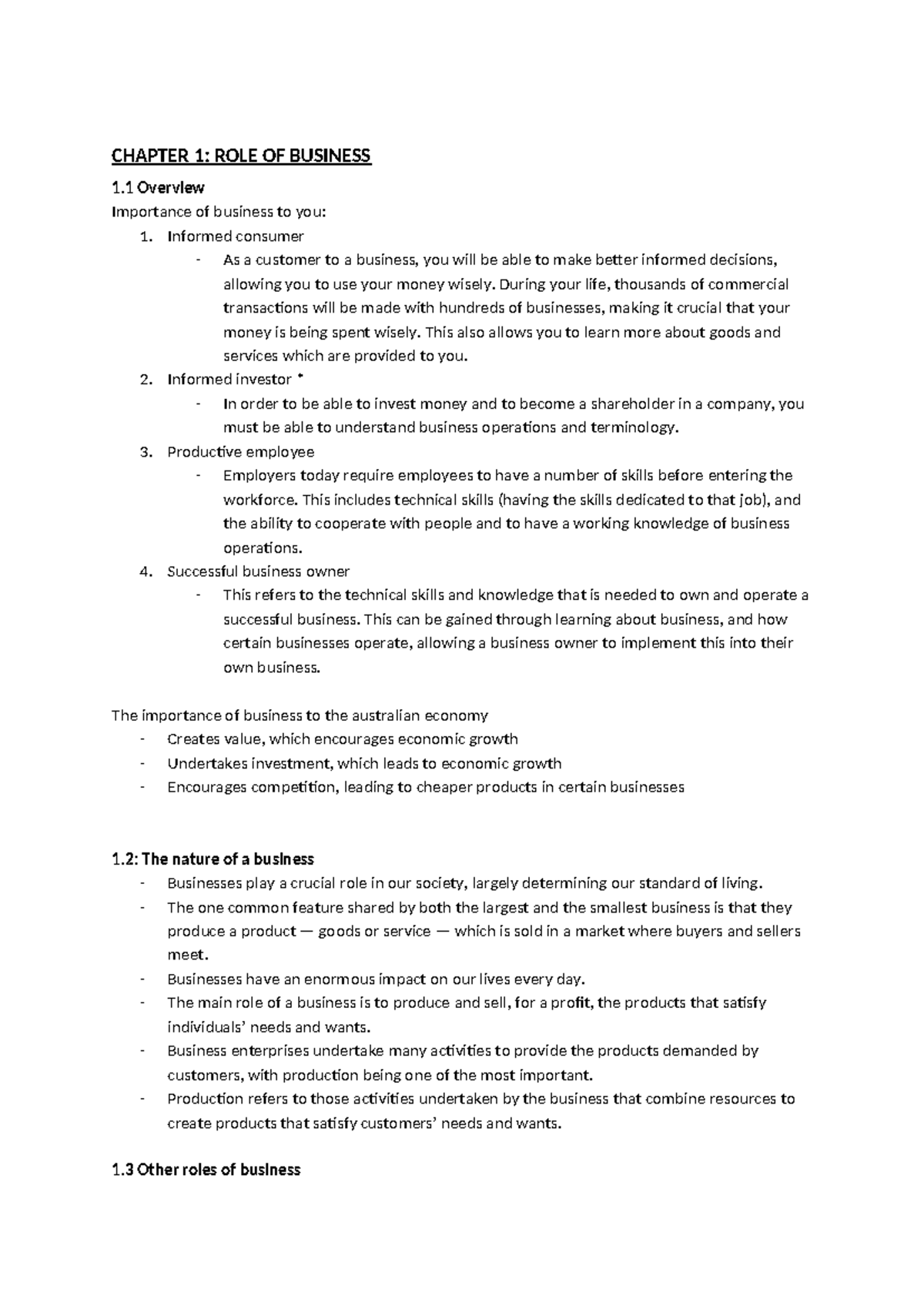 2024 year 11 business notes - CHAPTER 1: ROLE OF BUSINESS 1 Overview ...