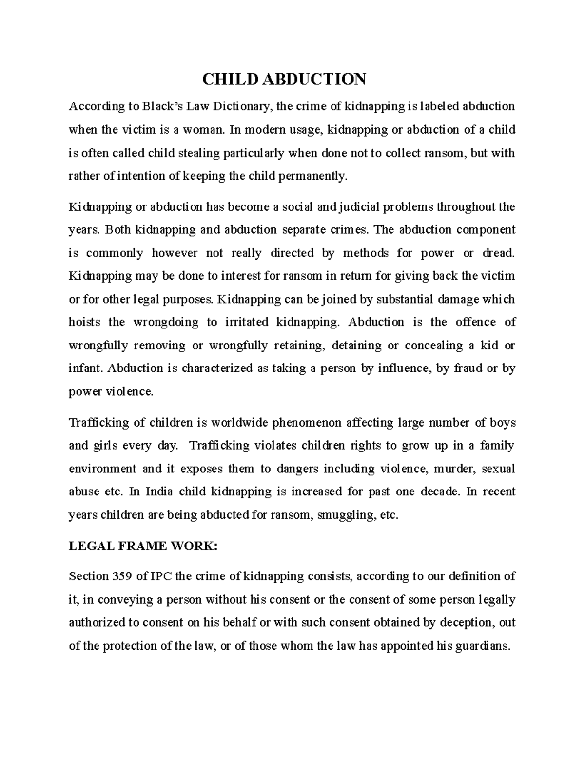 Child Abduction: Legal Framework and Social Implications - Studocu