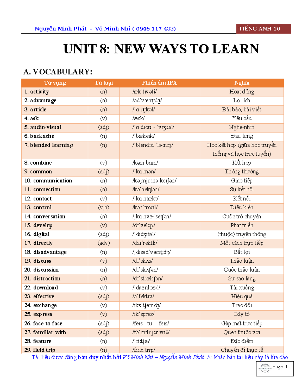 TIẾNG ANH 10: UNIT 8 - NEW WAYS TO LEARN - VOCABULARY & EXERCISES - Studocu