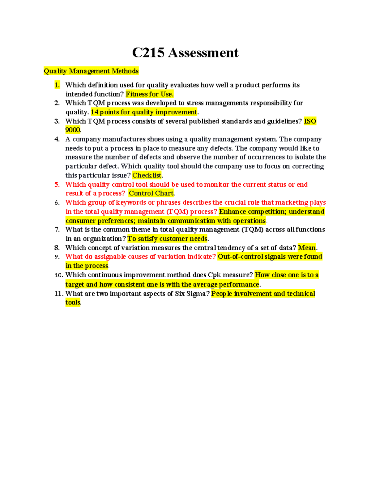 C215 Assessment - OPERATIONS TO MANAGEMENT REVIEW - C215 Assessment ...