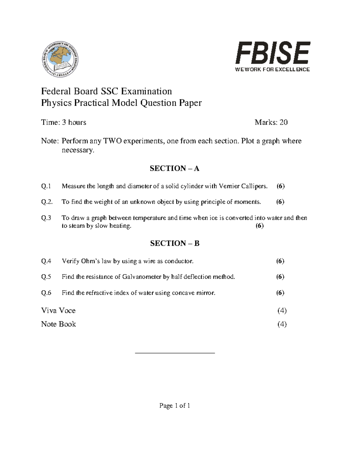 Practical Model Question Paper Physics SSC - FBISE WE WORK F OR EXCELL ...