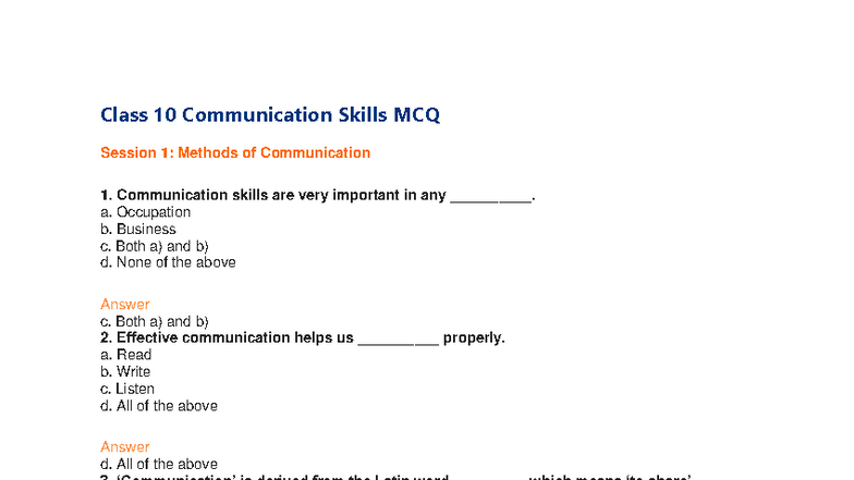 Class 10 Communication Skills & Self Management MCQ Review - Studocu