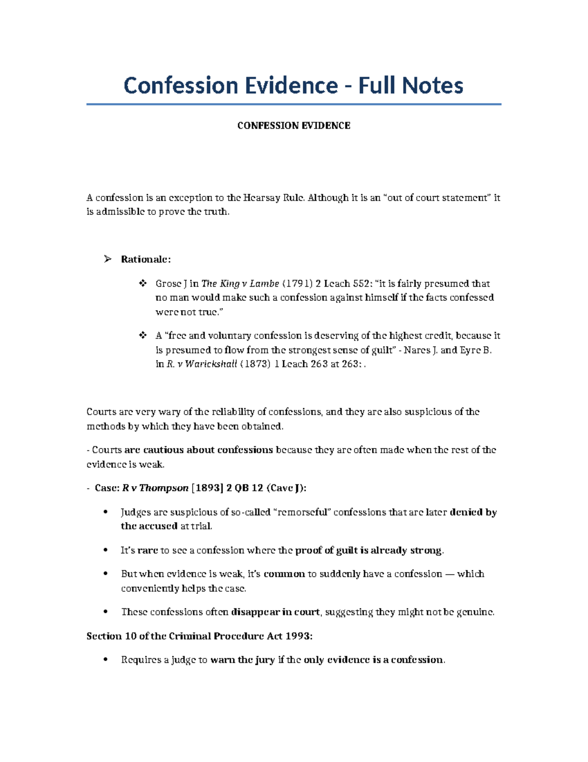 Confession Evidence Notes: Key Legal Principles and Safeguards - Studocu