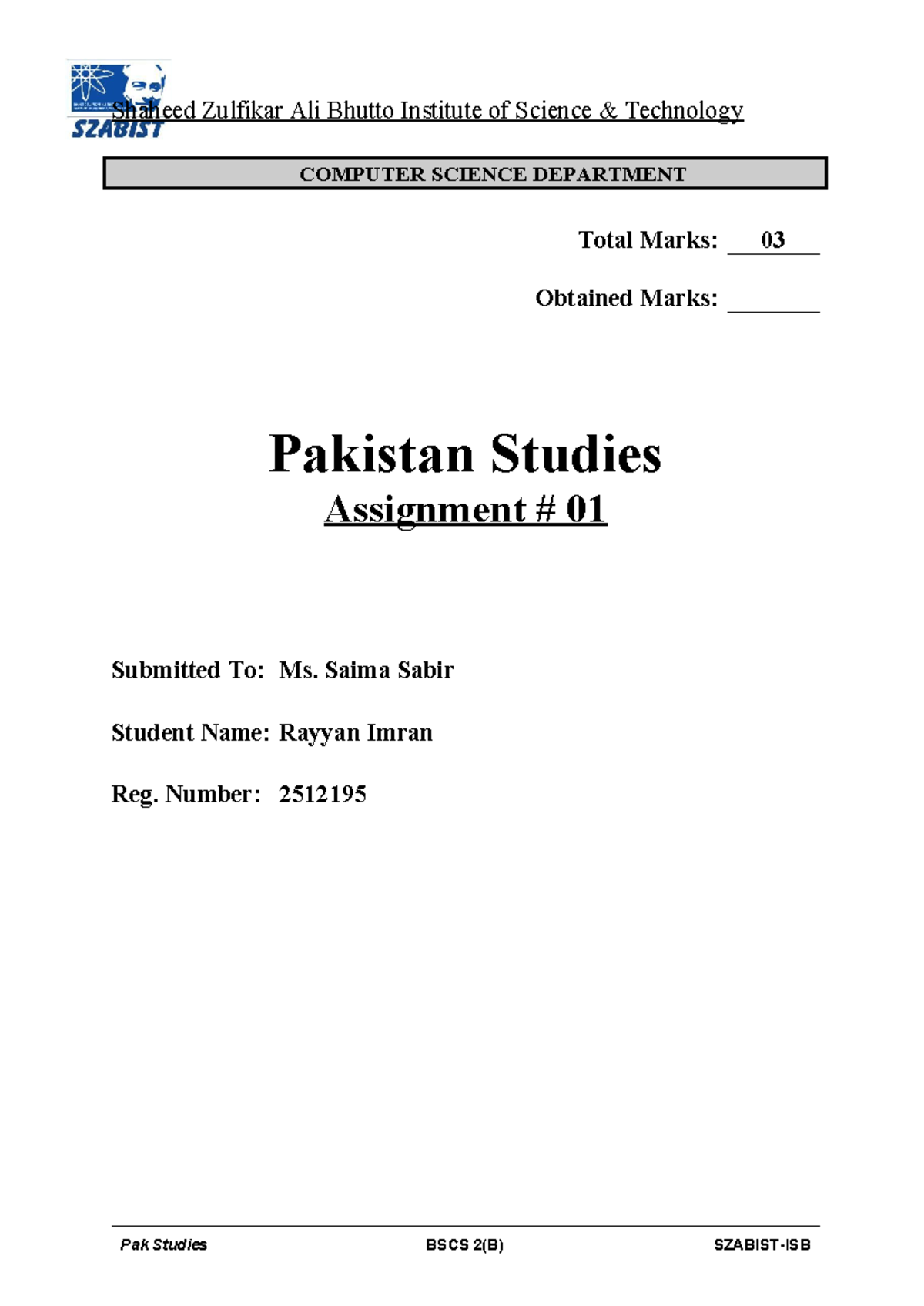Pak Studies Assignment 01: The 1973 Constitution Analysis - BSCS 2(B ...