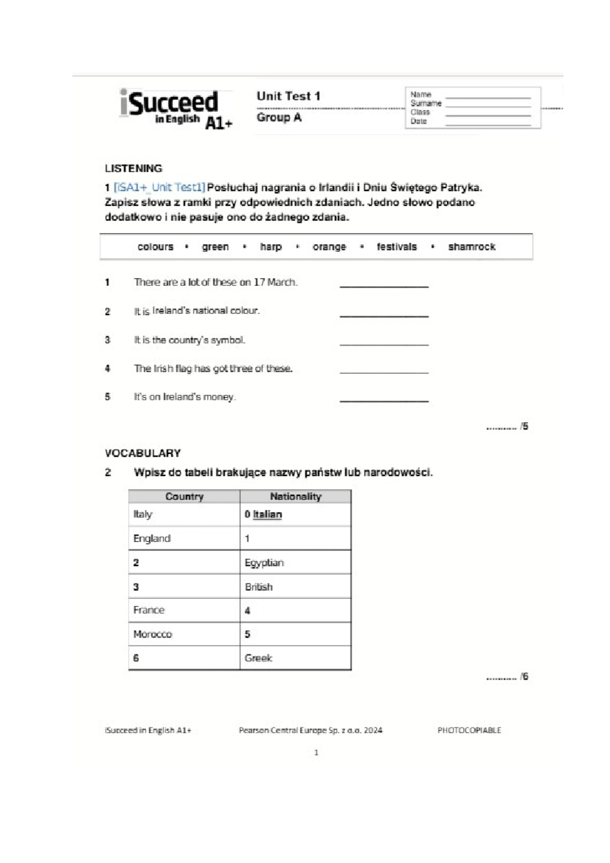 Succeed Unit Test 1 - English Group A Listening & Vocabulary - Studocu