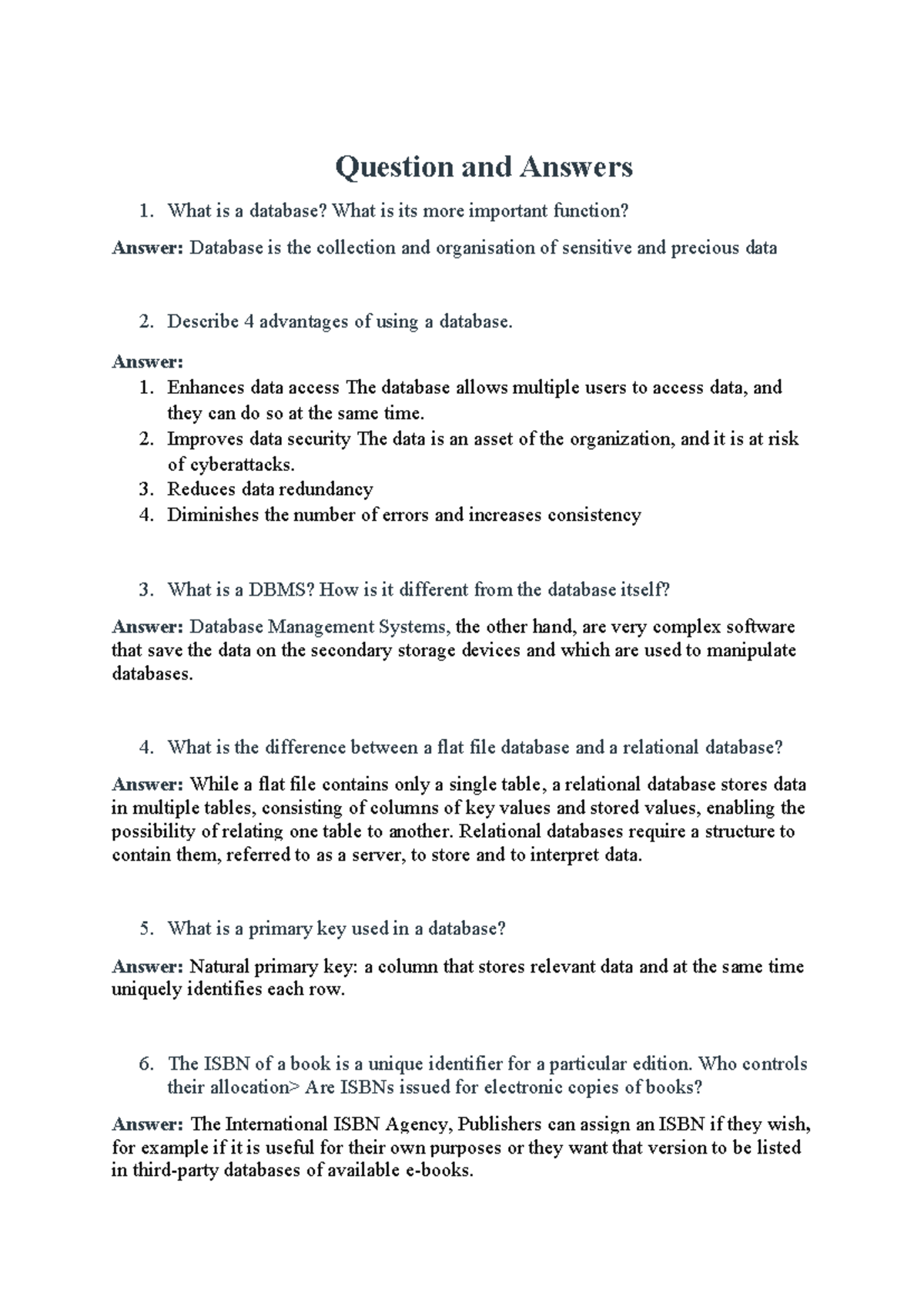 Q&A on What is a Database? (DB101) - Studocu