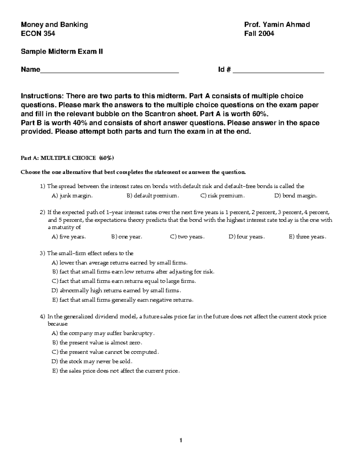Smid2 mock test with answers - Money and Banking Prof. Yamin Ahmad ECON ...
