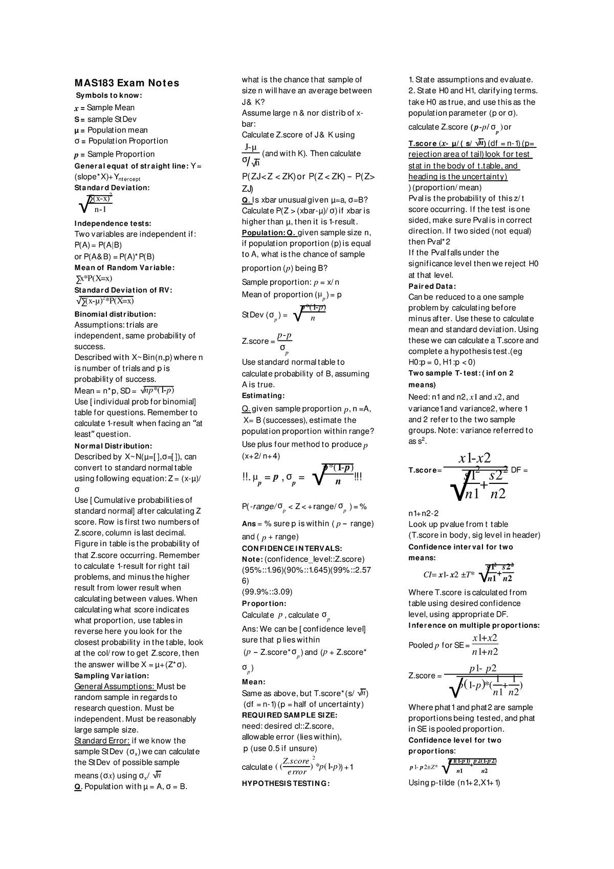 MAS183-Cheat Sheet: Key Concepts for Final Exam Preparation - Studocu