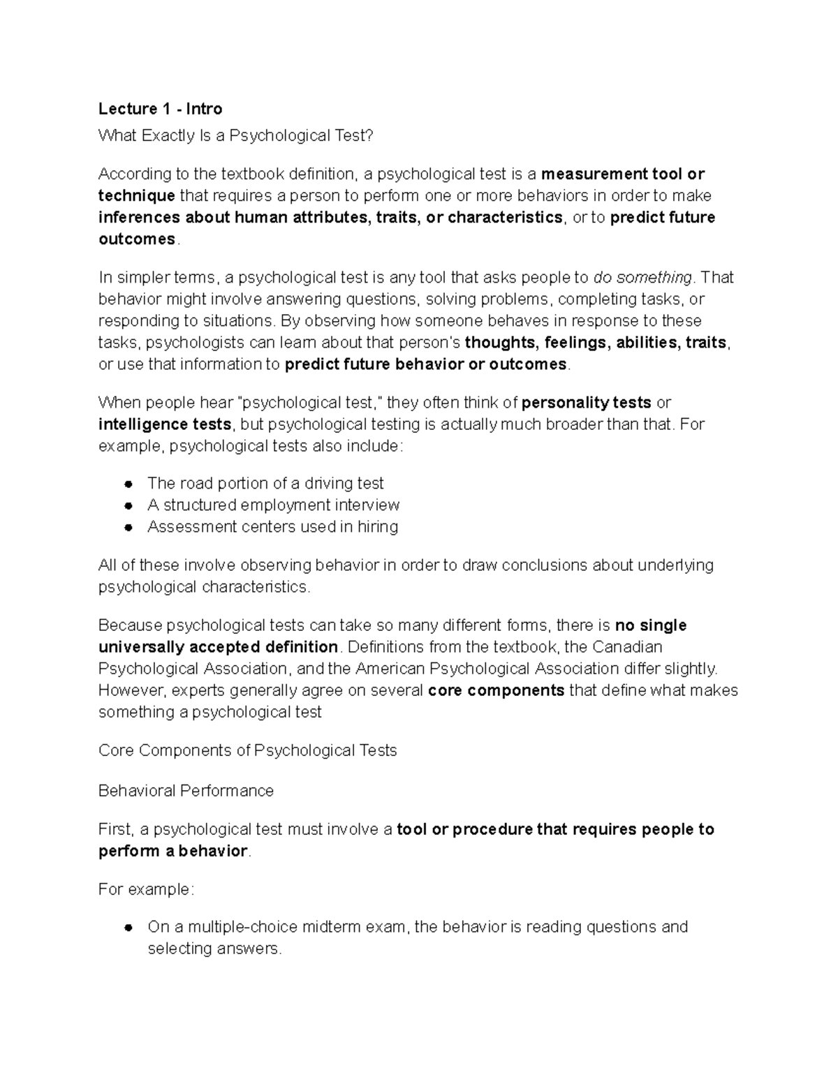 Lecture 1: Introduction to Psychological Testing and Measurement - Studocu