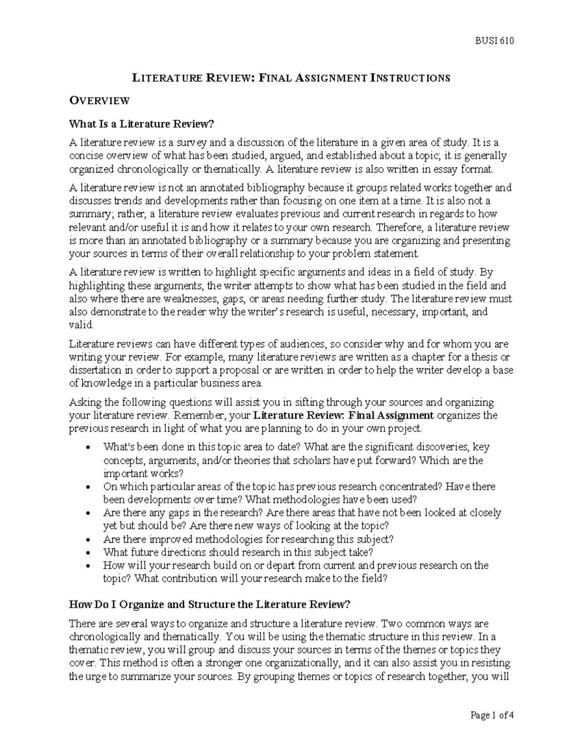 BUSI610 Literature Review Final Assignment Guidelines & Overview - Studocu