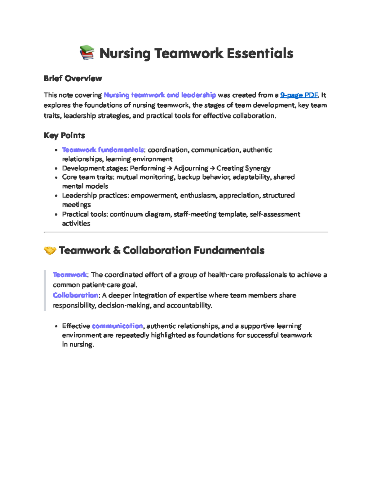 Nursing Teamwork Essentials: Leadership & Collaboration - Studocu