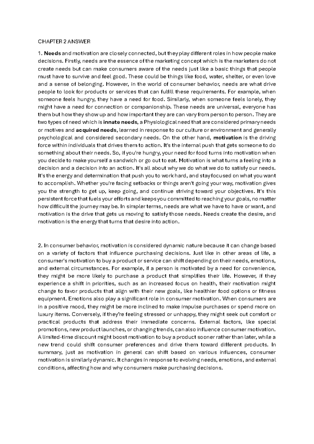 Chapter 2 answer: Understanding needs and motivation in consumer ...