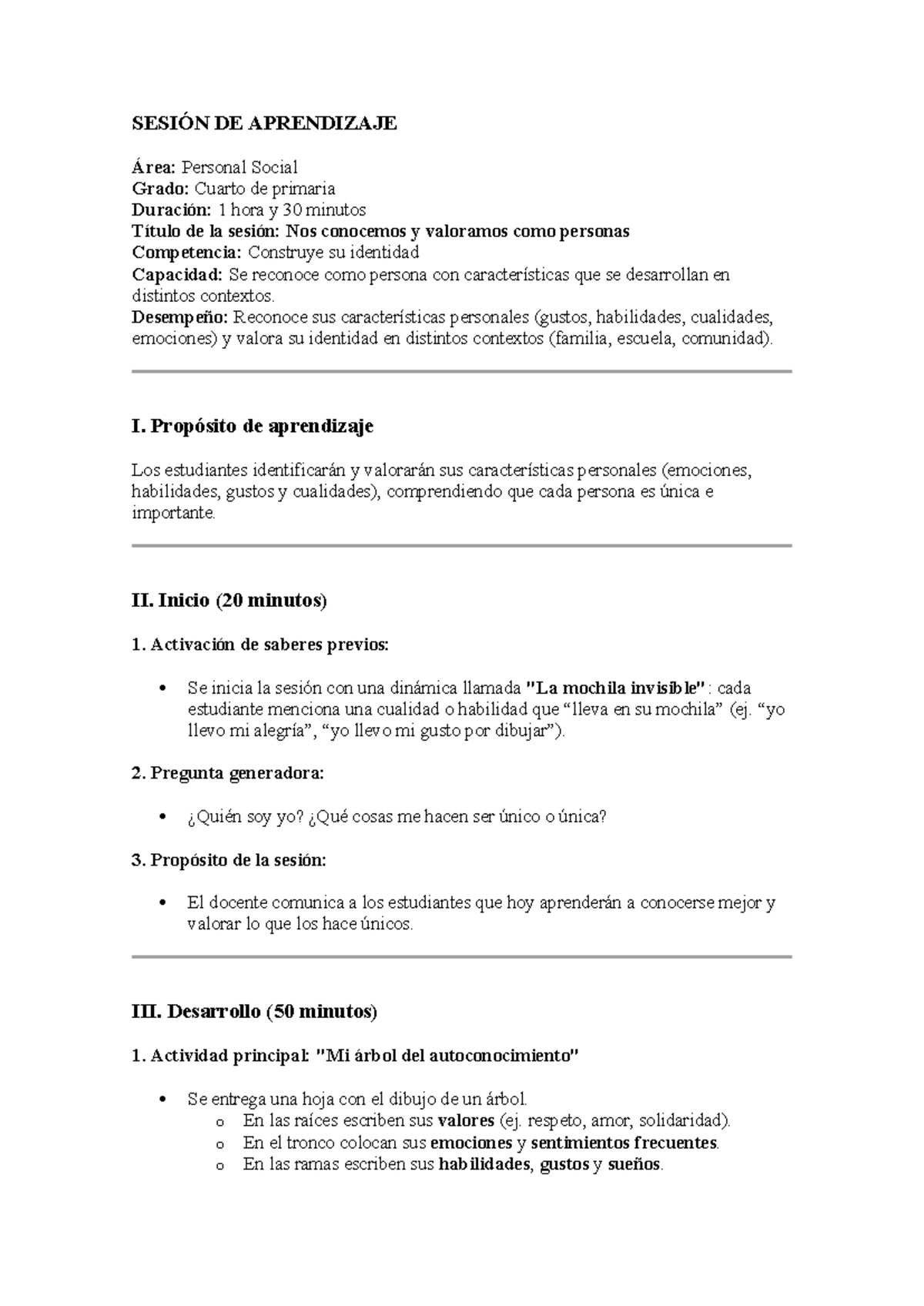 SESIÓN DE APRENDIZAJE: Autoconocimiento en Personal Social - 4to Grado ...
