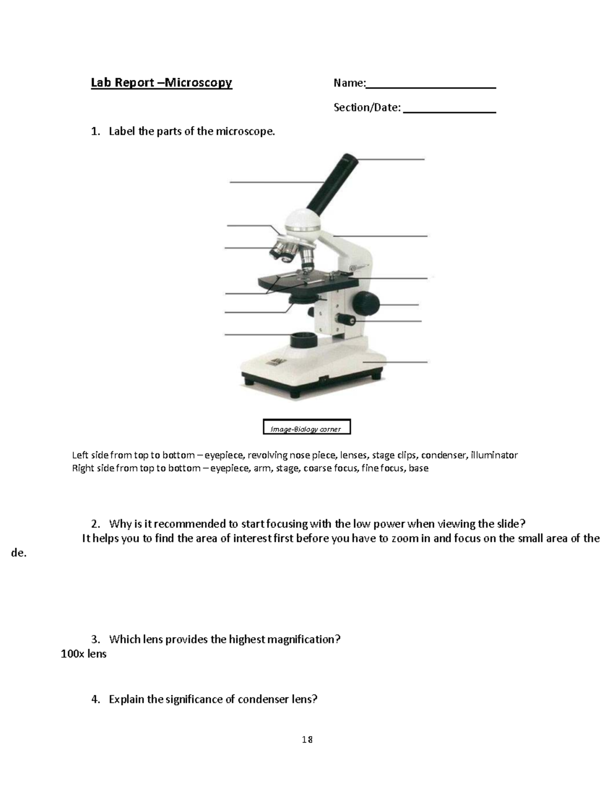 Lab Report: Microscope Parts & Observations (Course Code: 18-22) - Studocu