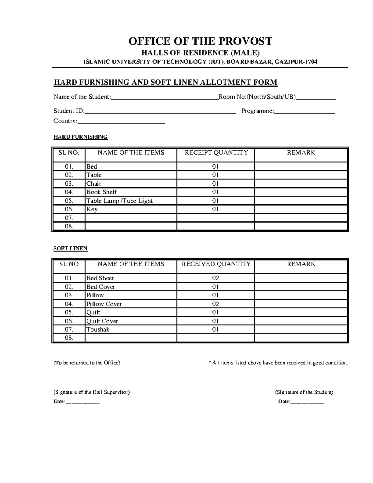 Furniture and Soft Linen Allotment Form - IUT Halls of Residence - Studocu