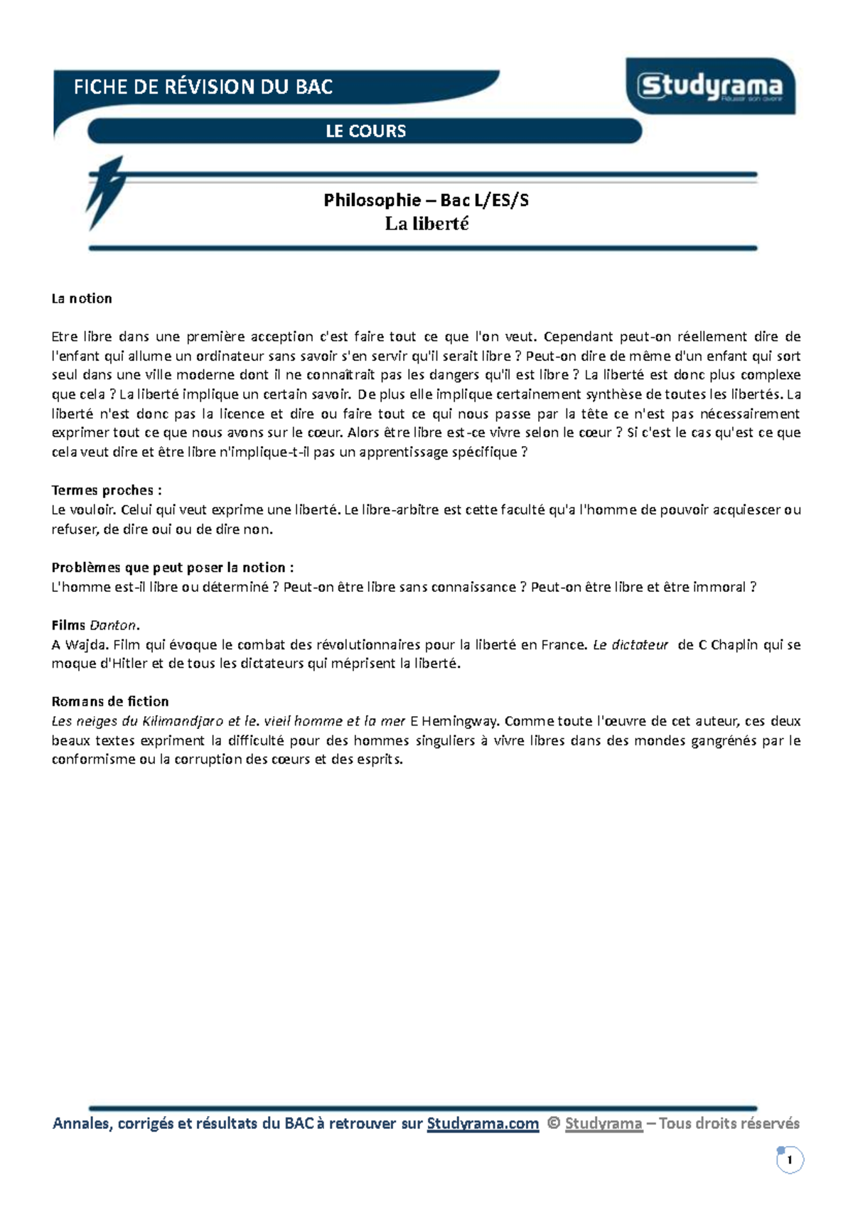 Fiche philo la liberte - le cours-3 - Annales, corrigés et résultats du ...