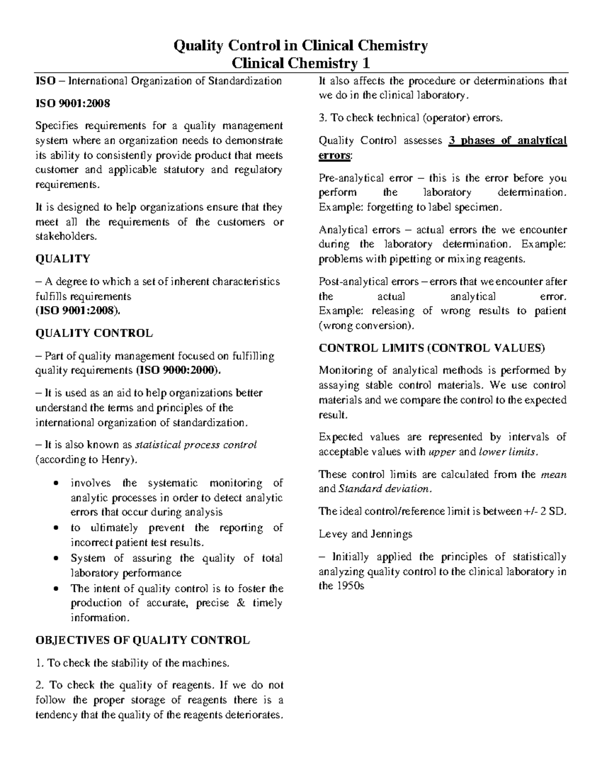 Clinical Chemistry 1: Quality Control Fundamentals and Standards - Studocu