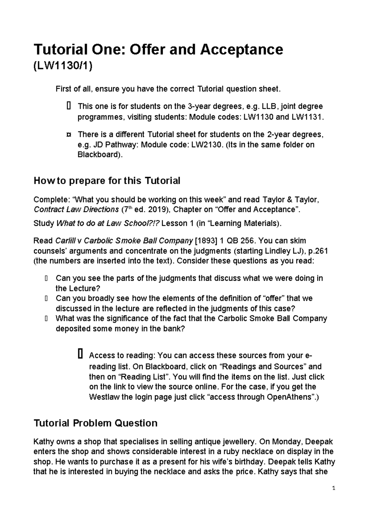 LW1130/1 Contract Law Tutorial 1: Understanding Offer & Acceptance ...