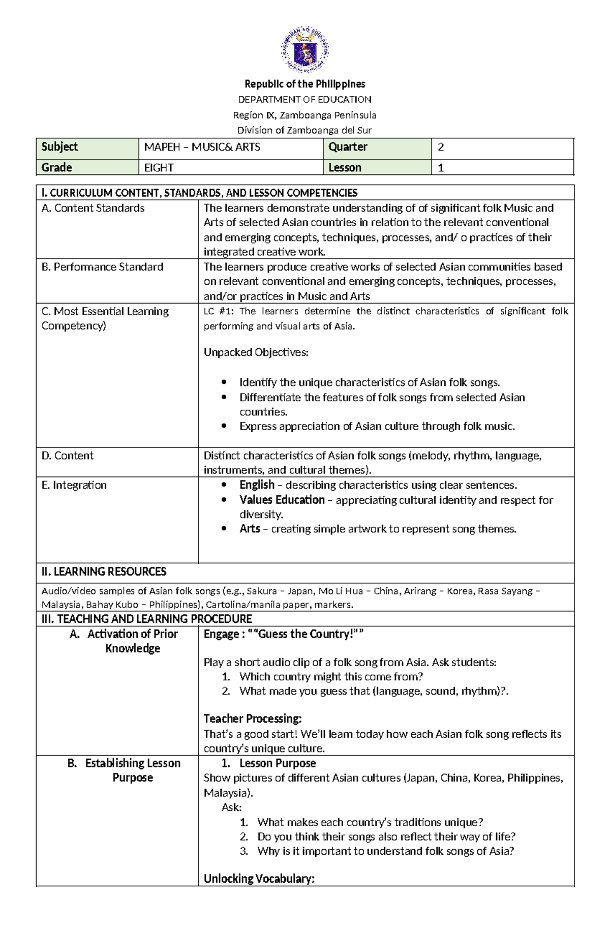 MAPEH 8: Lesson Plan on Asian Folk Music and Arts - Studocu