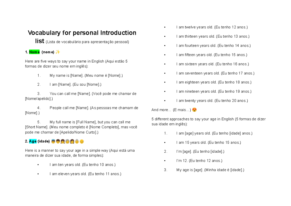 1- Review Class Material de Apoio - Vocabulary for personal ...