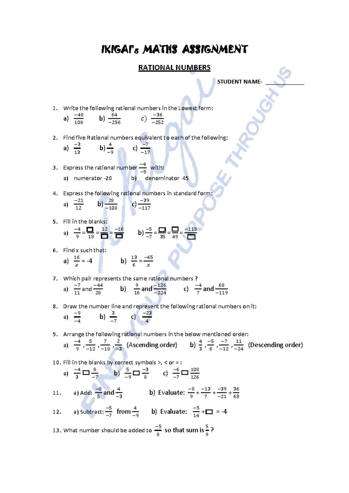 Rational Numbers Maths Assignment Class 7 (SANT Nischal) - Studocu