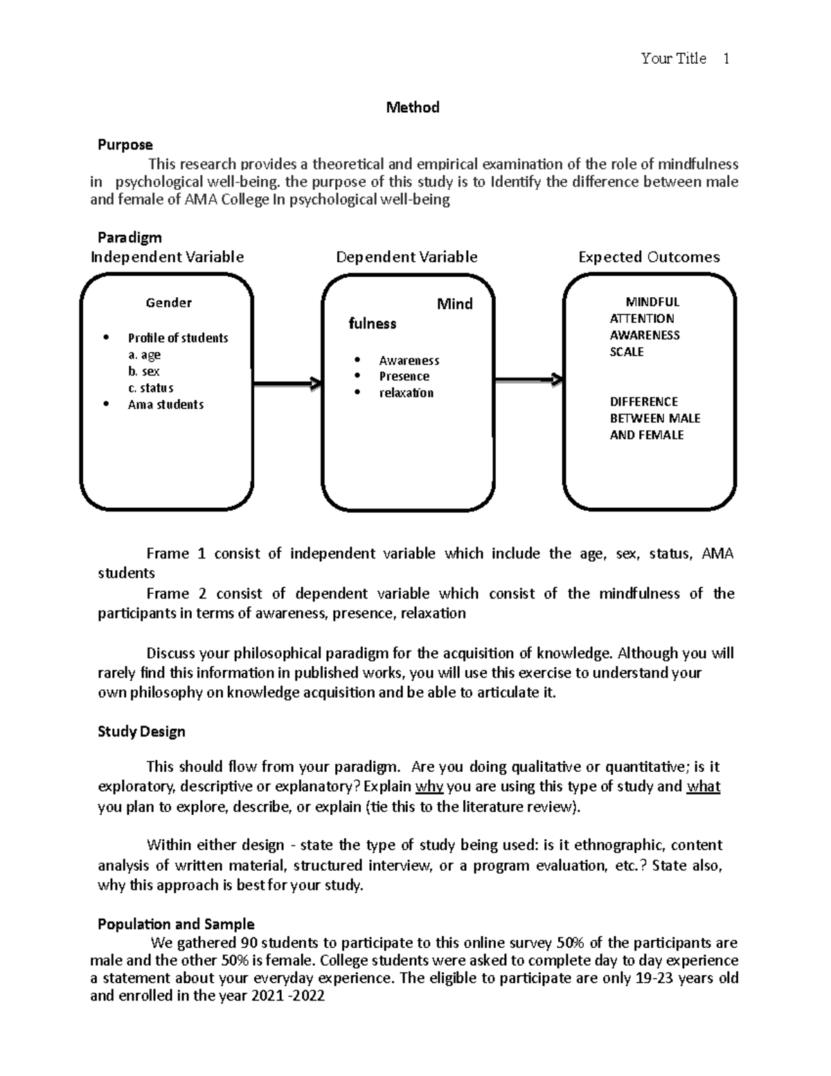 Research-proposal-format 1 2022-2023 submitted - Your Title 1 Method ...