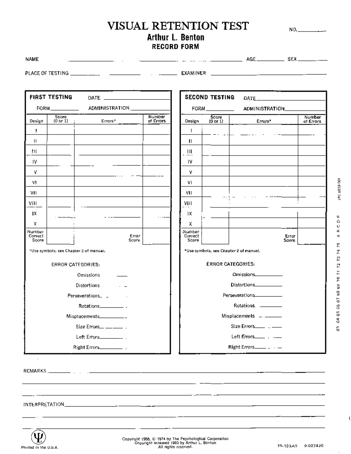 Benton Visual Retention Test (BVRT) - Complete Manual and Scoring Guide ...