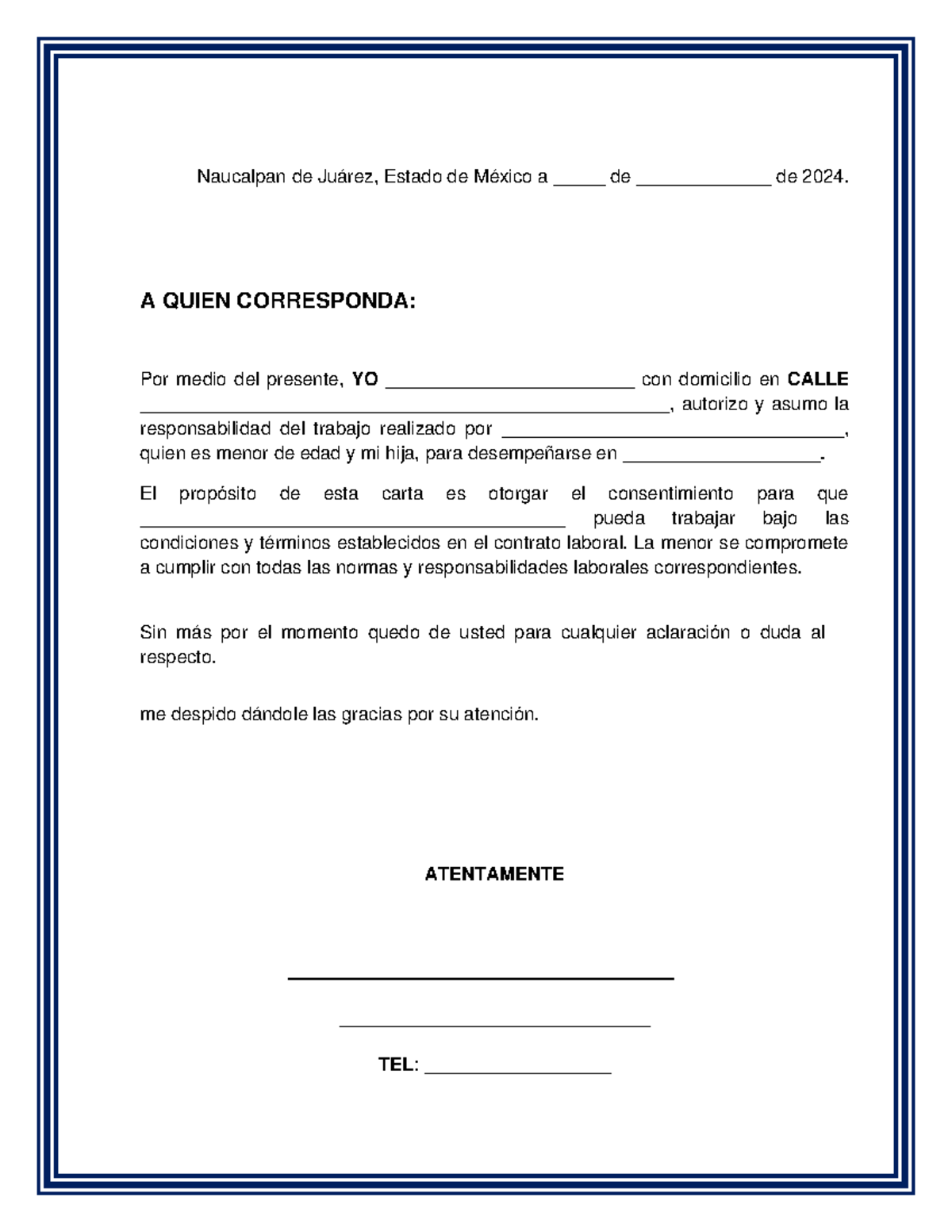 Carta Responsiva para Trabajo de Menor en Naucalpan de Juárez - Studocu