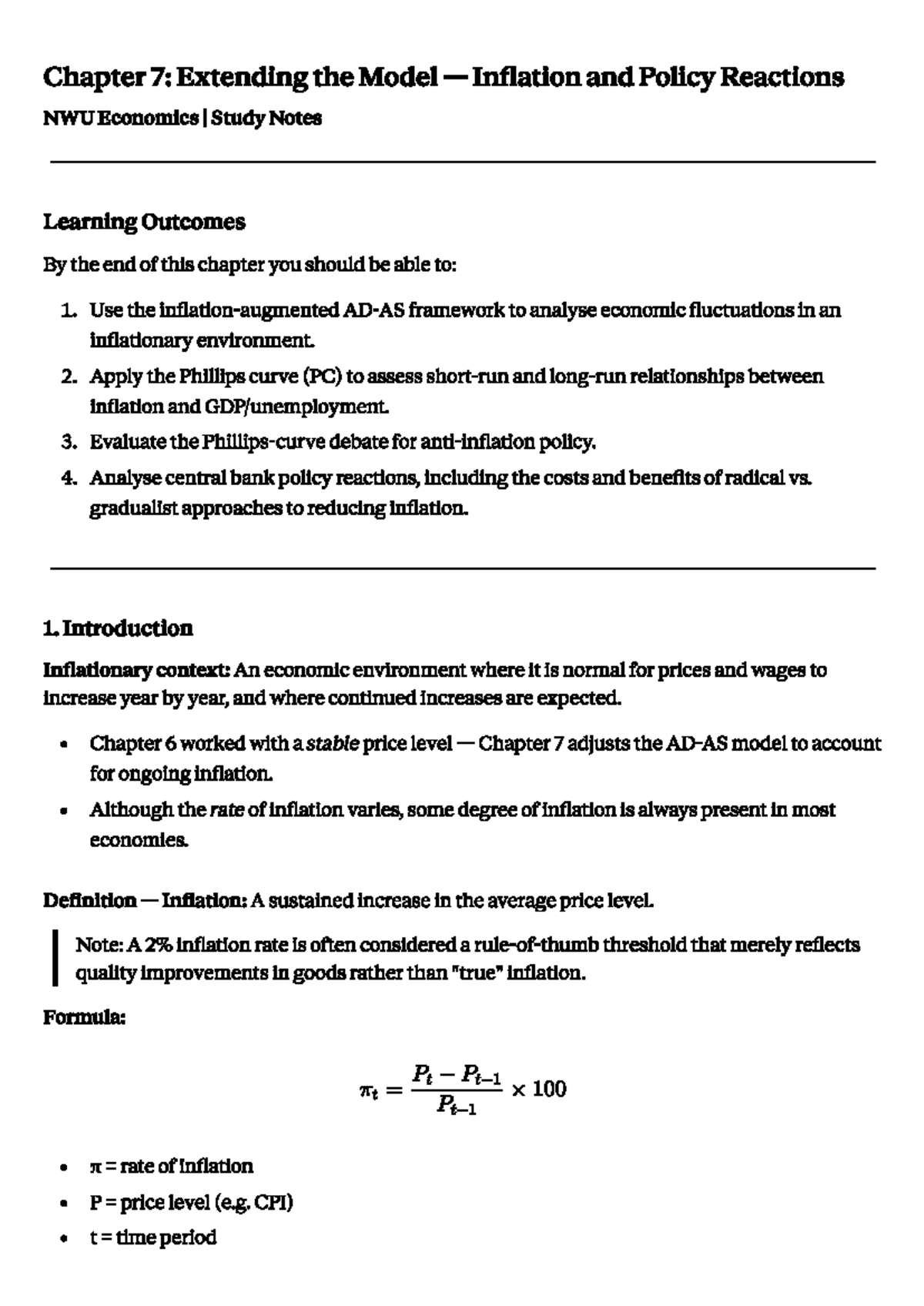 ECON 211 Chapter 7 Study Notes: Inflation & Policy Reactions - Studocu
