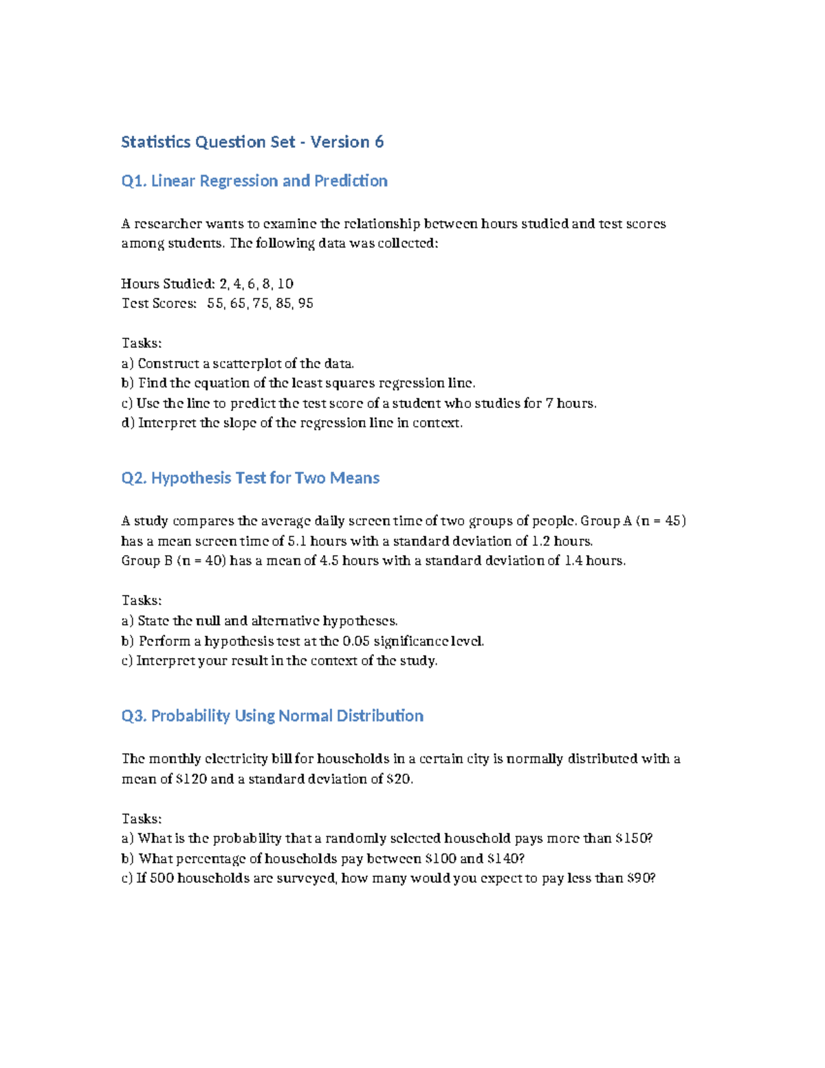 Statistics Questions Set V6: Regression, Hypothesis Testing ...